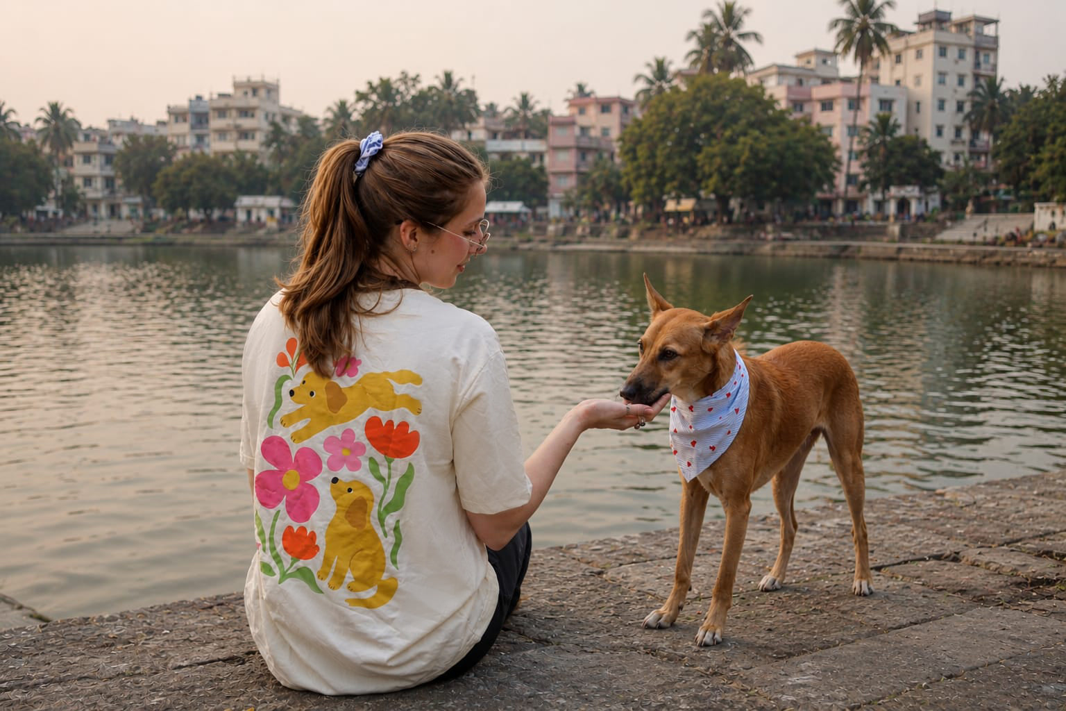 A woman sitting on a stone ledge by a lake, feeding a small brown dog. The woman wears a cream-colored t-shirt with a colorful graphic of two dogs and flowers on the back.