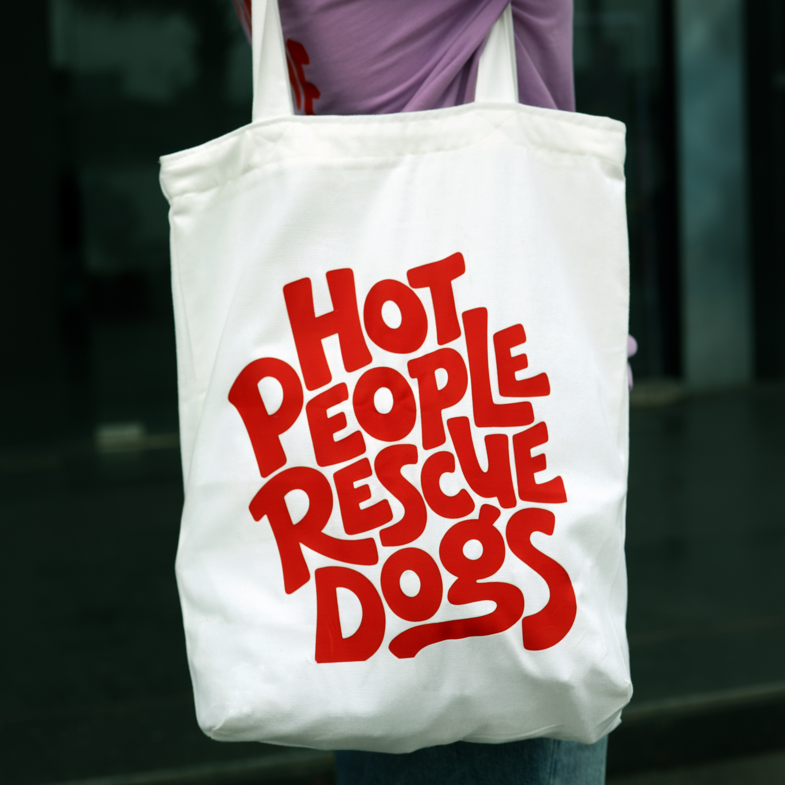 Hot People Rescue Dogs tote bag print close up — Fetch Club