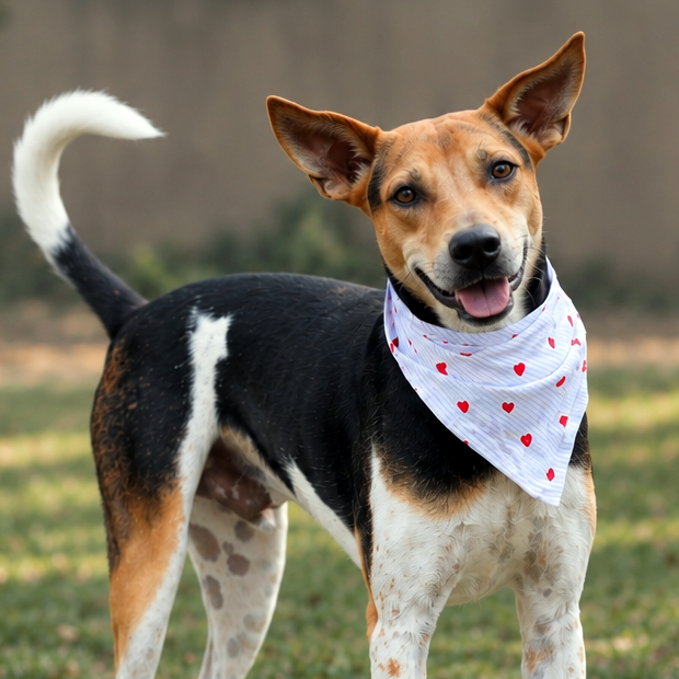 A black, white, and tan dog standing on a grassy lawn, wearing a white bandana with small red hearts. Dog wearing the Blue Hearts bandana — Fetch Club India