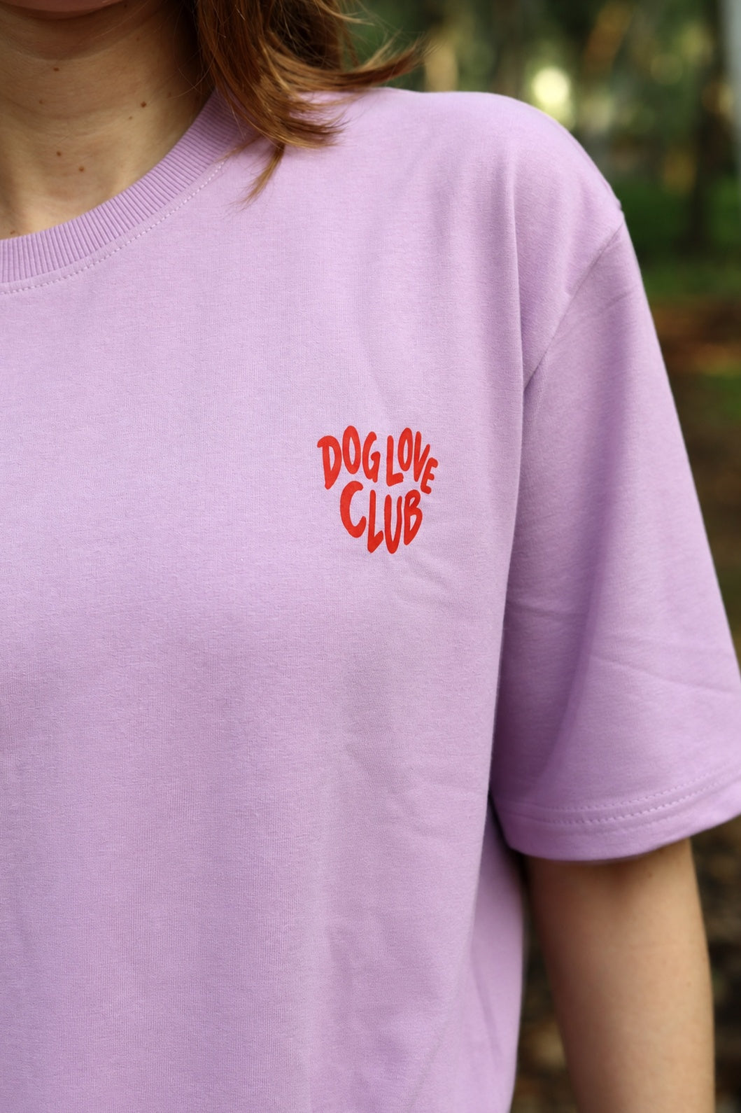 Dog Love Club lavender oversized graphic tee close up — Fetch Club India